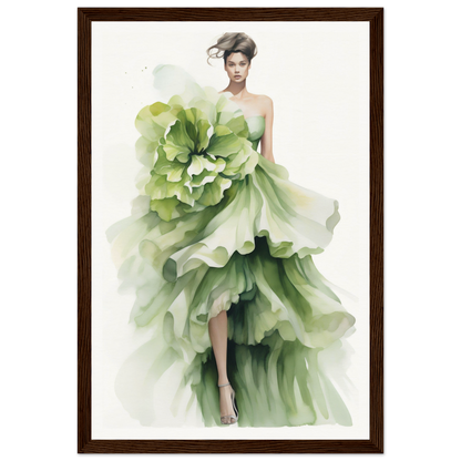 A green dress with a large flower on the skirt