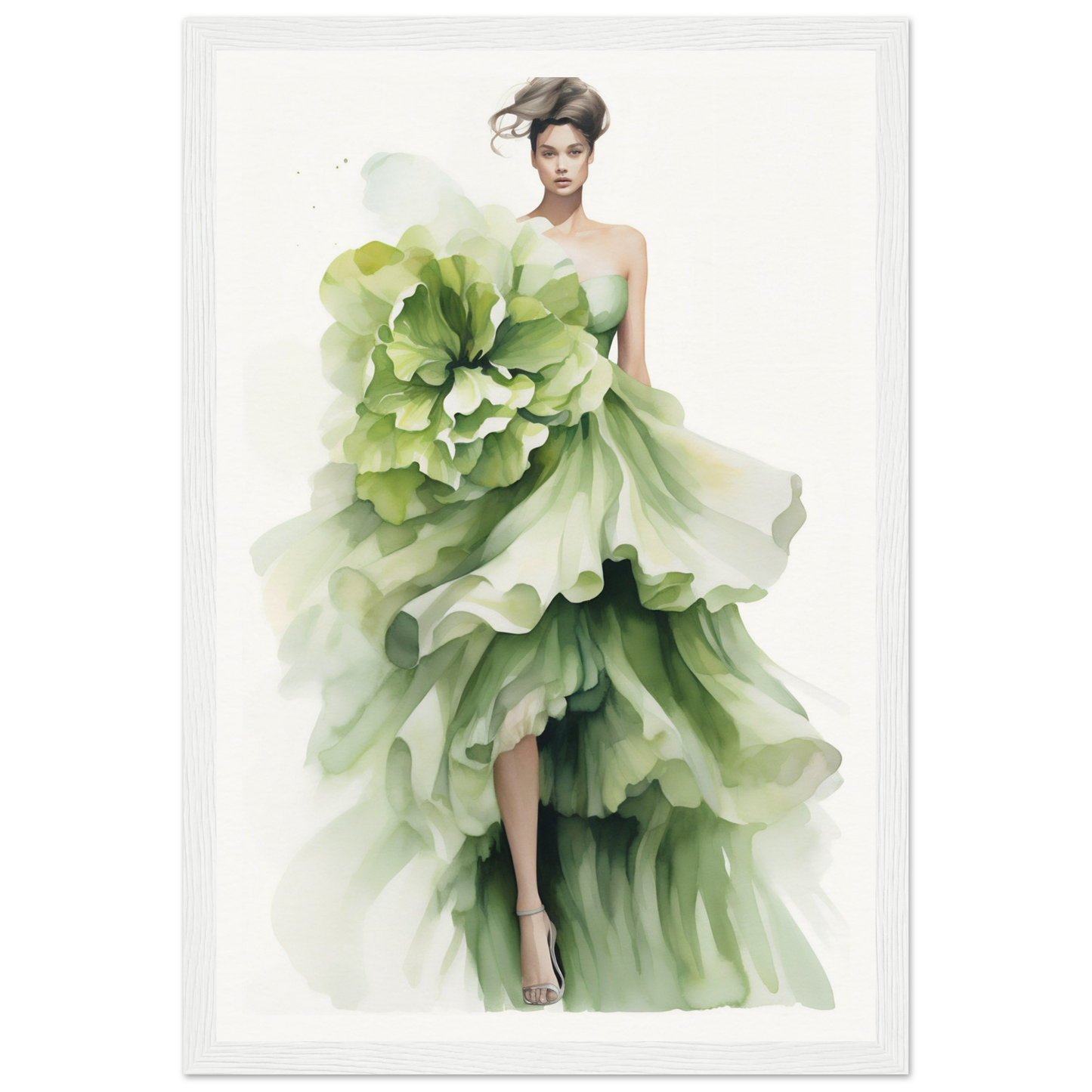 A green dress with a large flower on the skirt