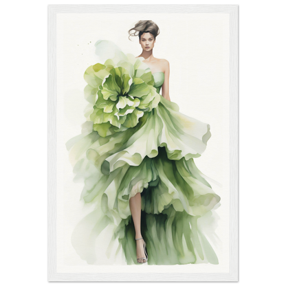 A green dress with a large flower on the skirt