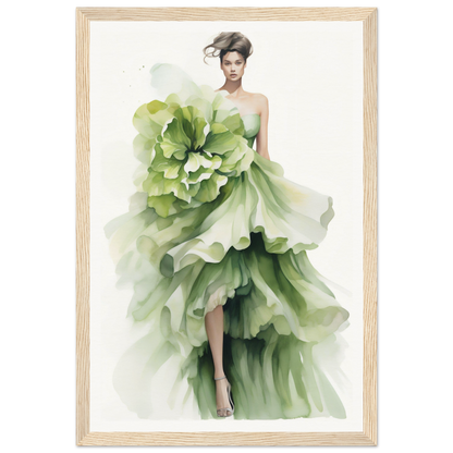 A green dress with a large flower on the back