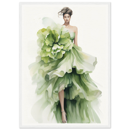 A green dress with a large flower on the back