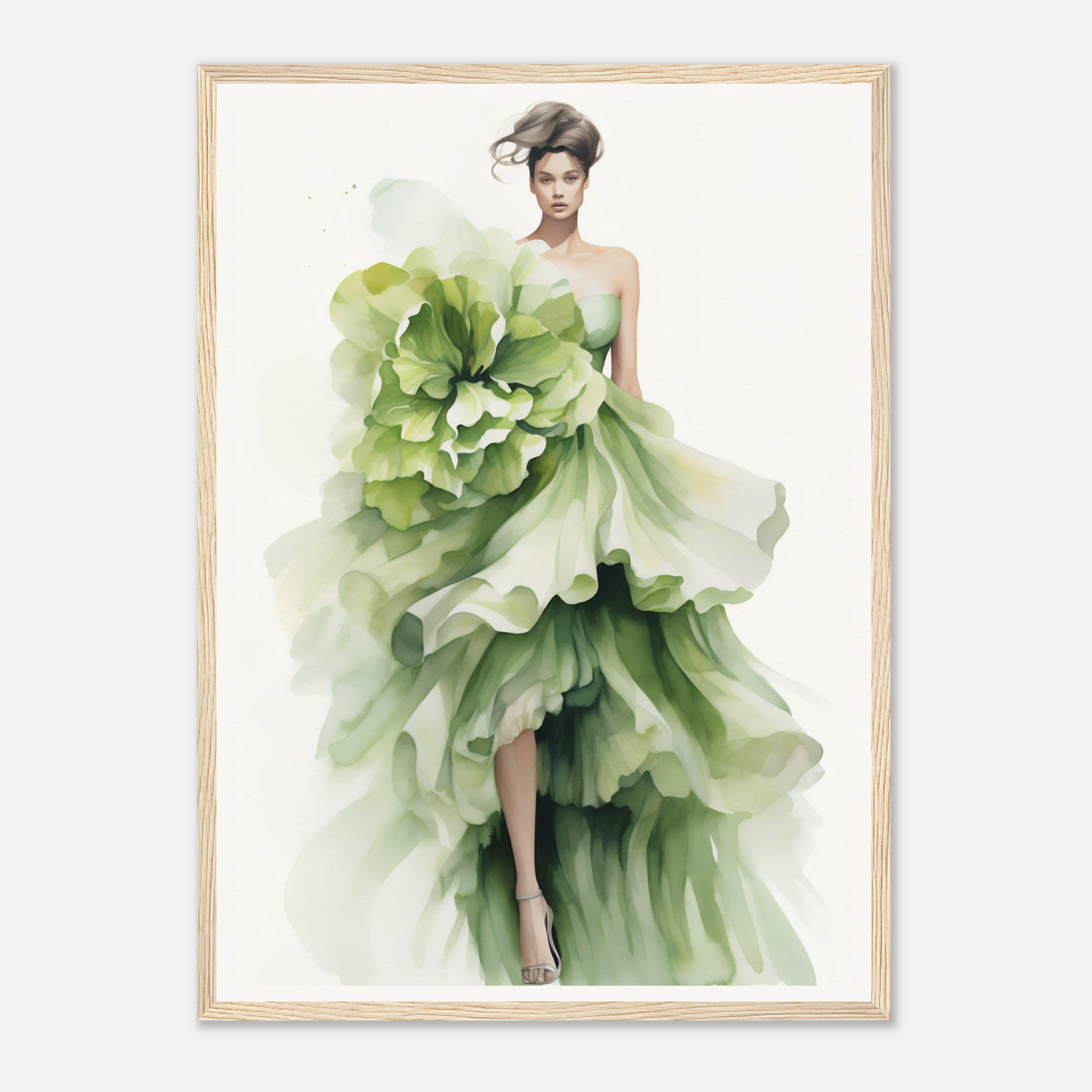 A green dress with a large flower on the skirt