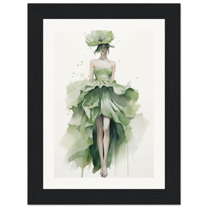 A green dress with a large leaf on the skirt