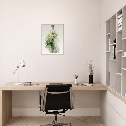 A green lady in a white dress sitting on a desk with a black chair