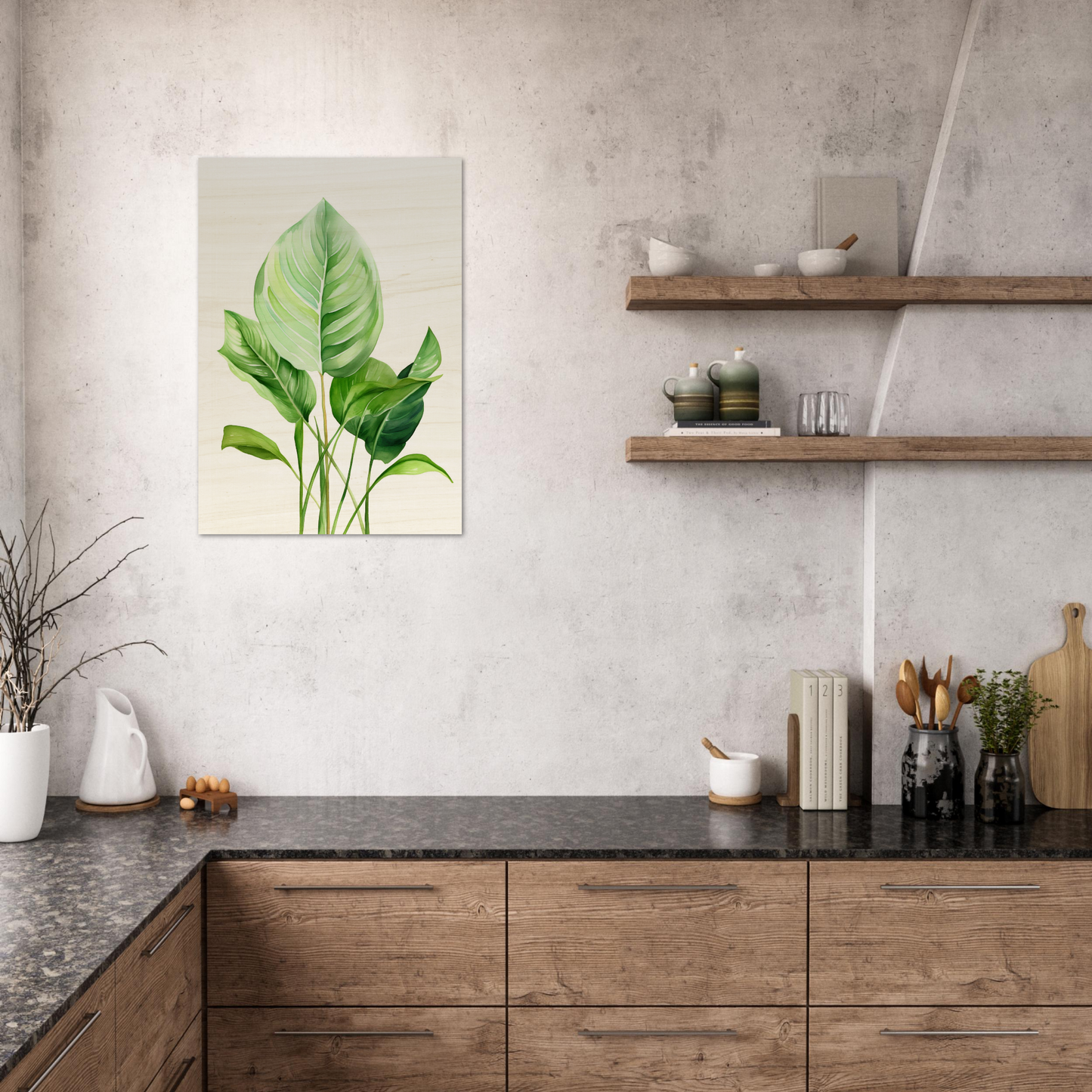 A green leaf on a beige background