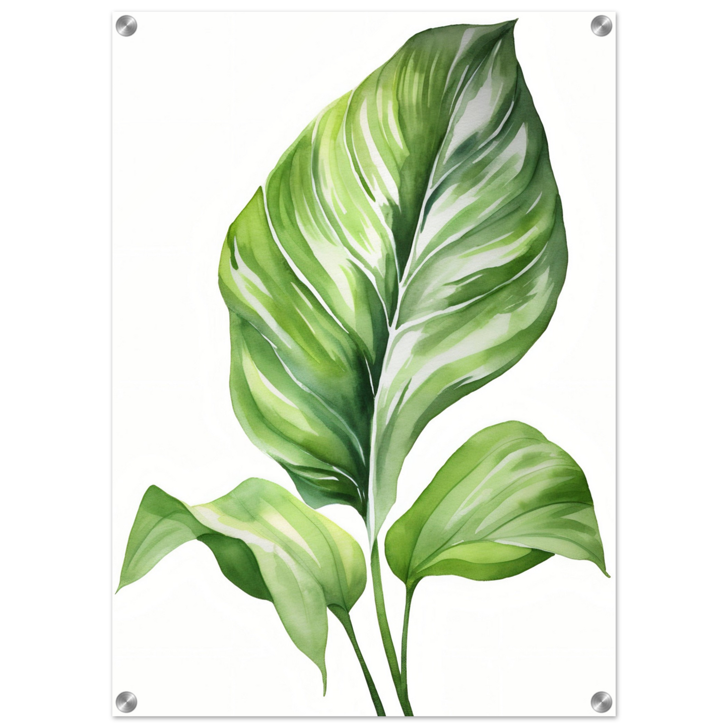 A green leaf painting on a white background