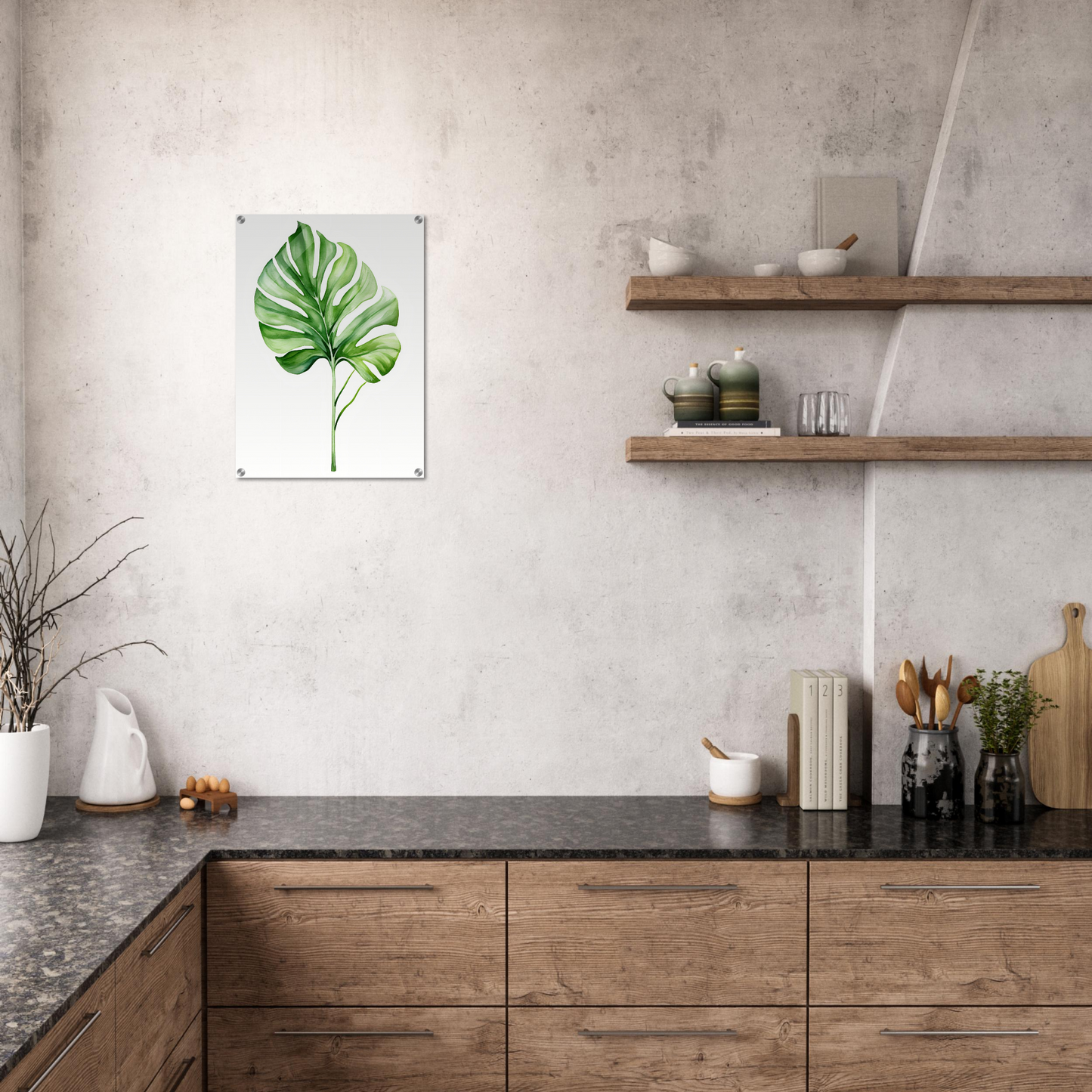 A green leaf on a white background in a kitchen