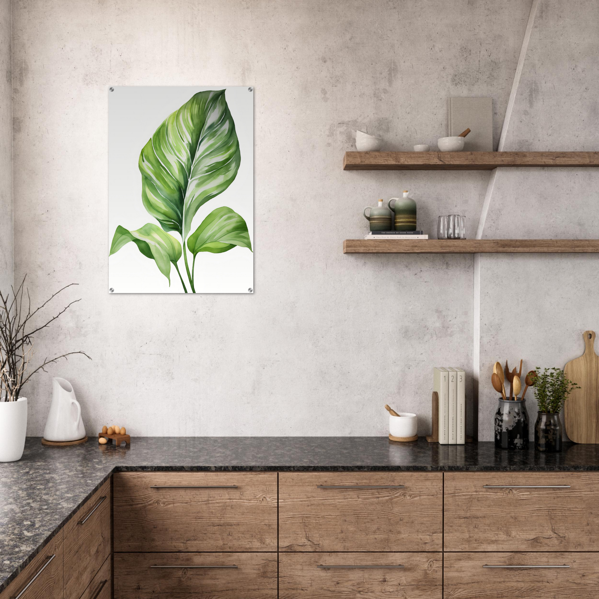 A green leaf on a white background