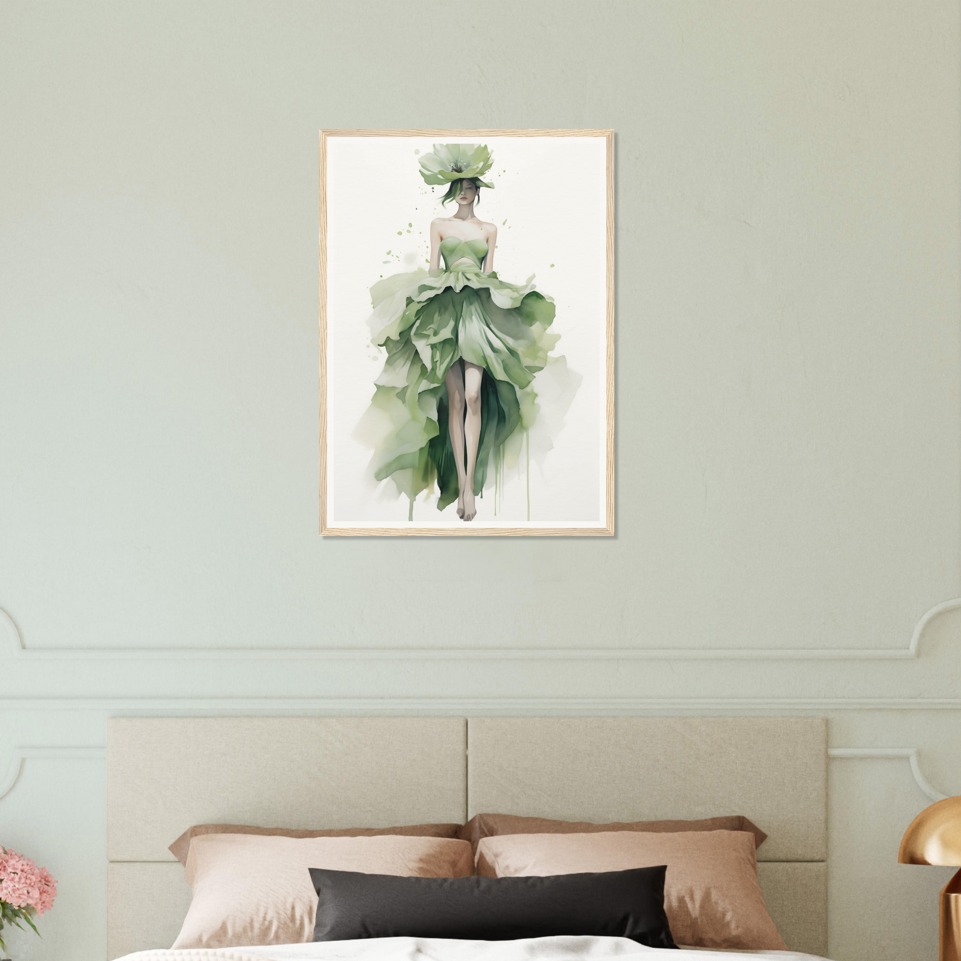 A green watercolor painting of a woman in a dress on a bed