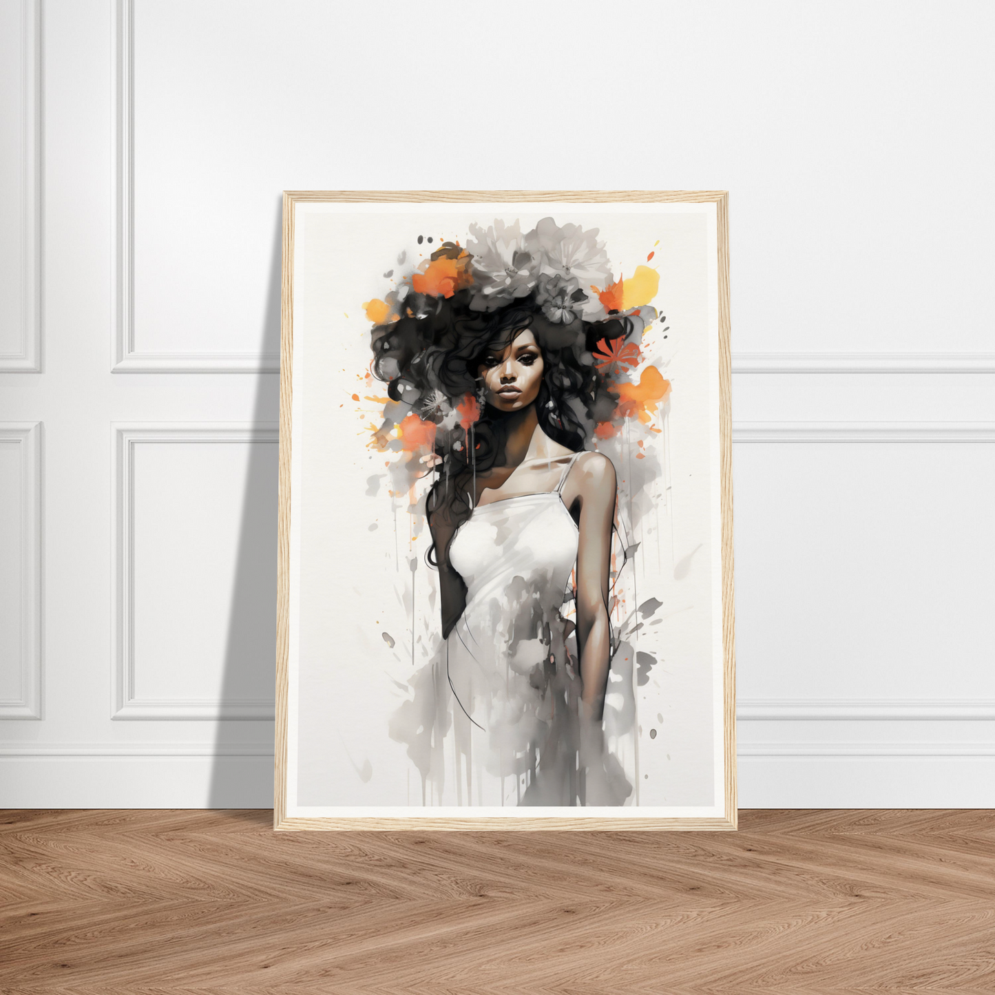 Framed artistic portrait of a woman in a white dress with abstract watercolor elements.