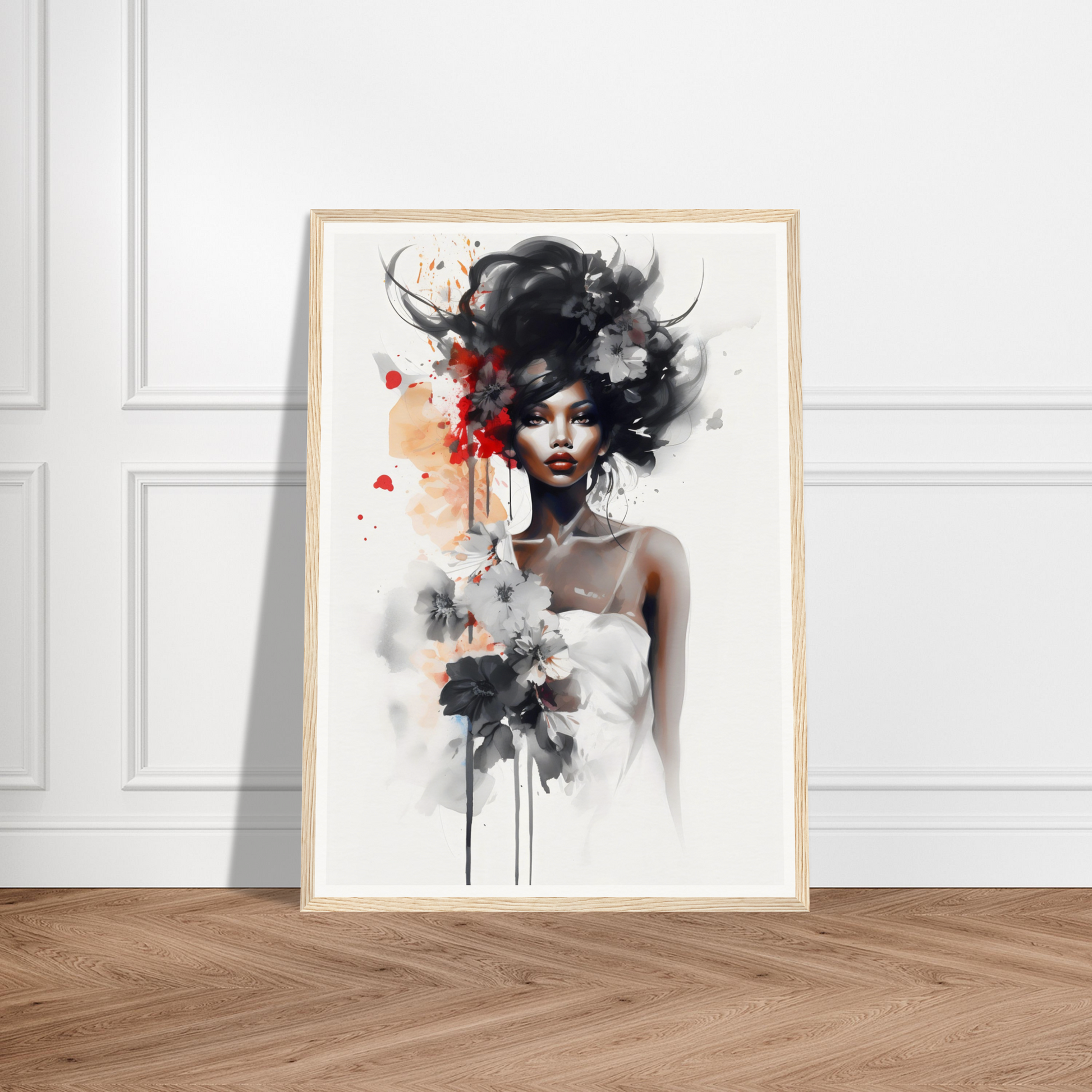 Framed artistic portrait of a woman with dramatic black and red abstract elements.