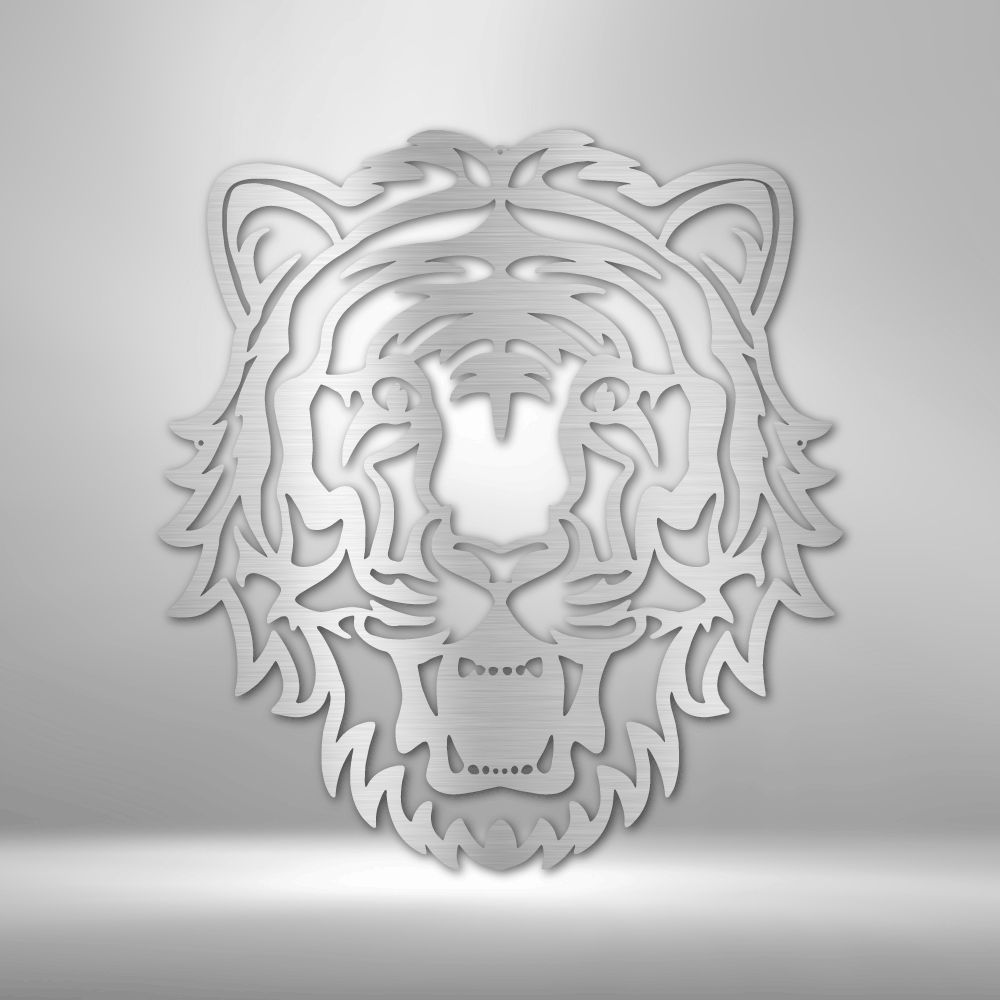 Stylized tiger head sculpture with intricate, flowing lines forming its features.