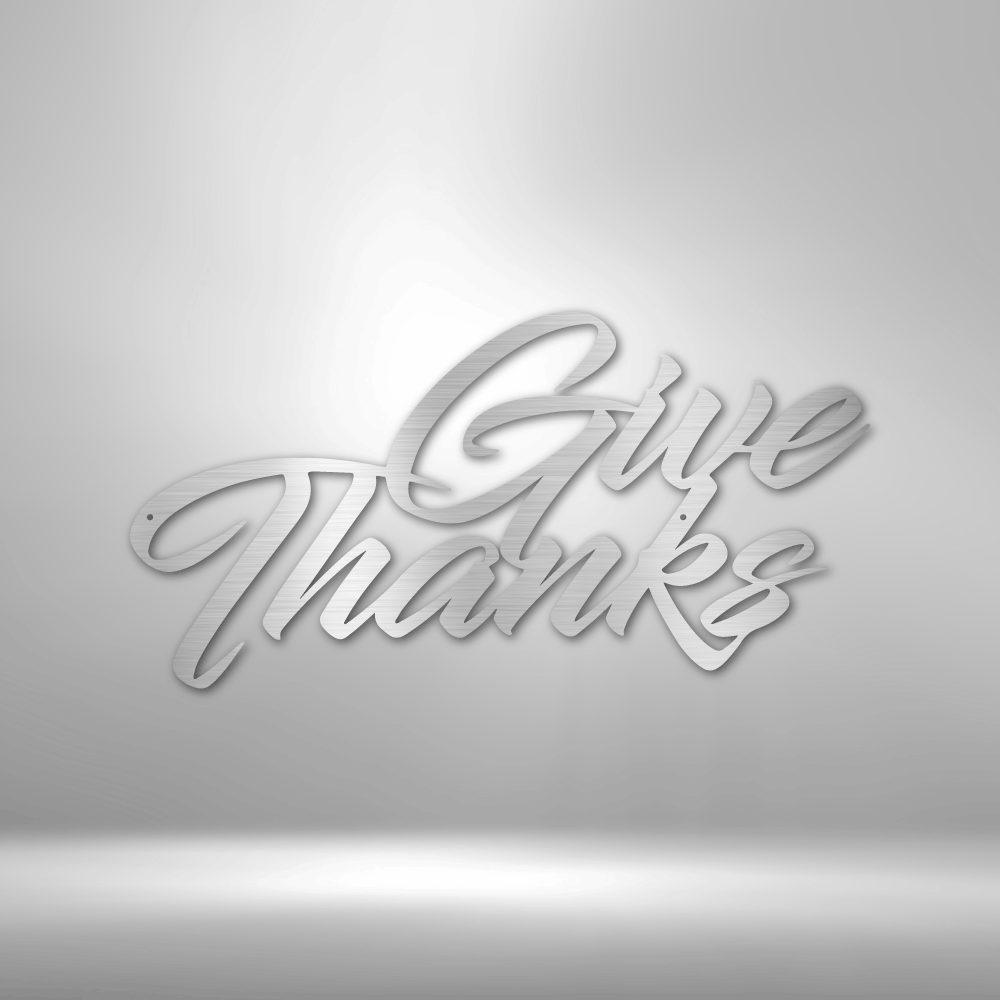 Stylized 3D text saying ’Give Thanks’ in cursive lettering.