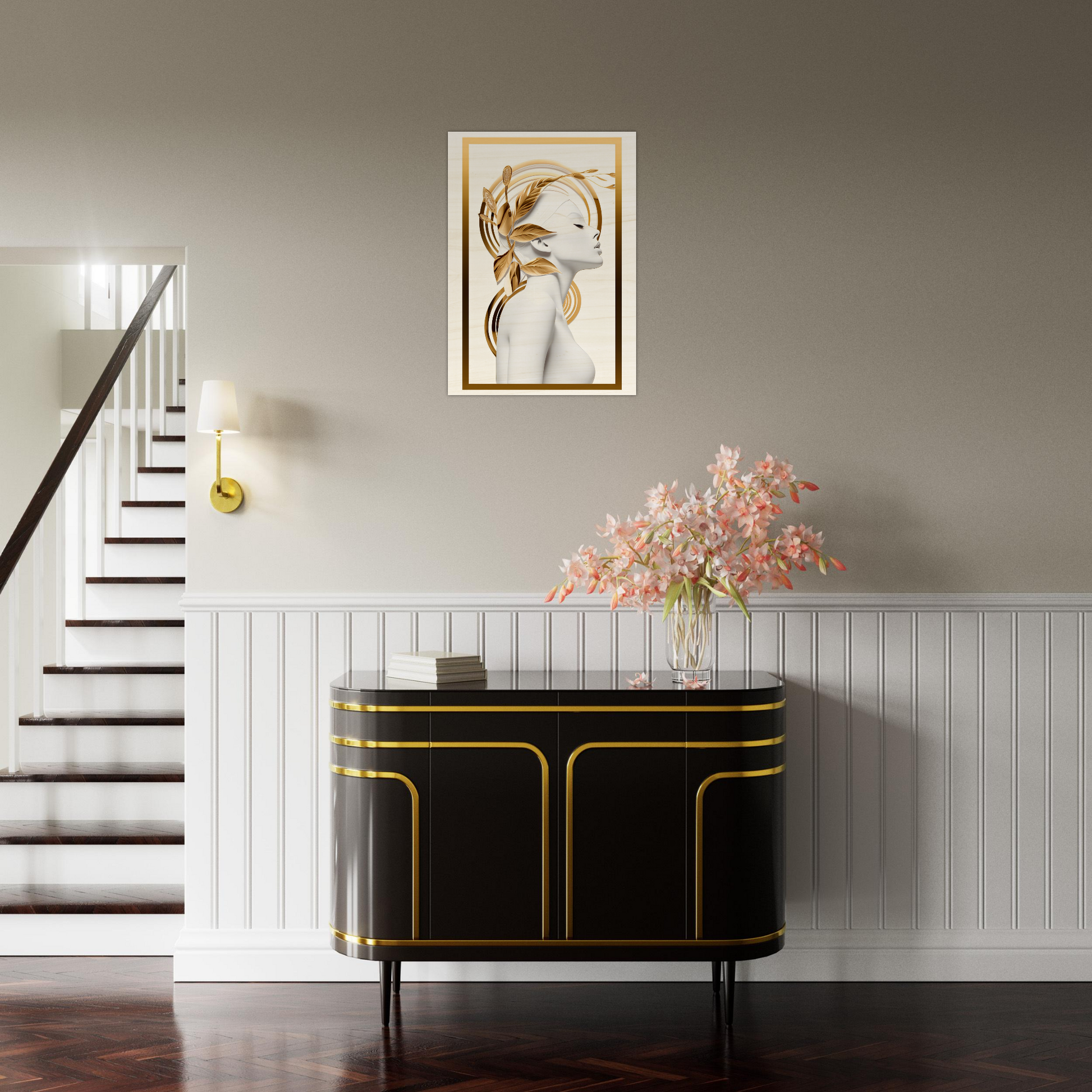 Elegant black and gold sideboard with curved edges and sleek design.