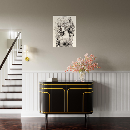 Elegant black sideboard with gold trim and curved edges.