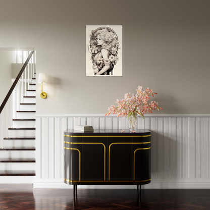 Elegant black sideboard with gold trim and curved edges.