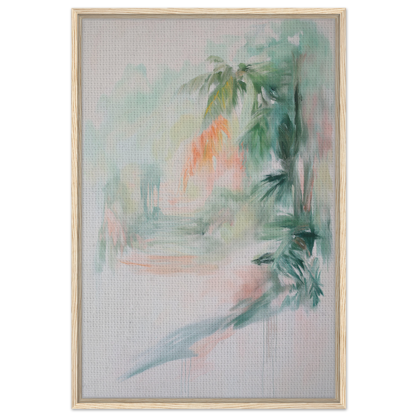 Abstract painting in soft colors with green and coral tones for Grove Whispers Dreaming