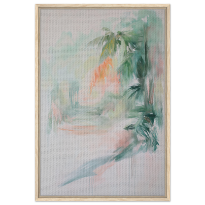 Abstract painting in soft colors with green and coral tones for Grove Whispers Dreaming