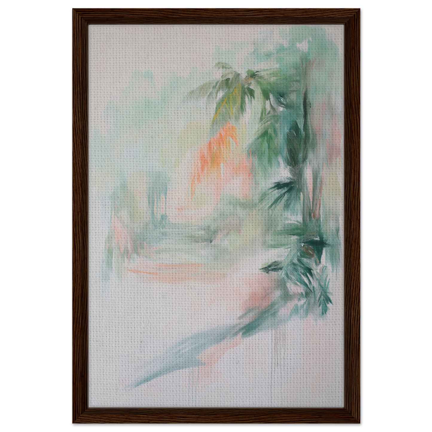 Framed canvas print of Grove Whispers Dreaming with pastel colors and palm leaf shapes