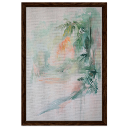 Framed canvas print of Grove Whispers Dreaming with pastel colors and palm leaf shapes