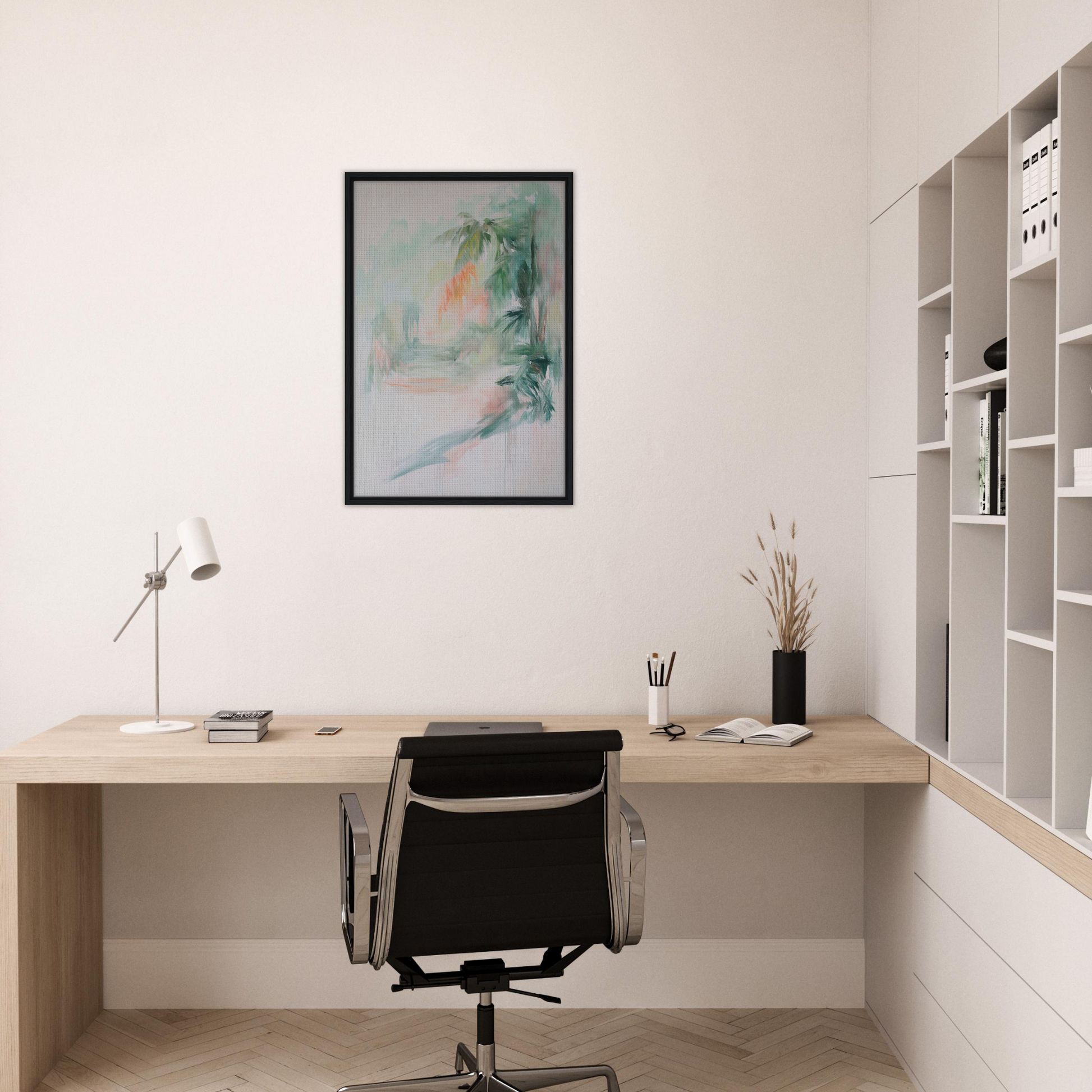 Wooden desk with black office chair in front of Grove Whispers Dreaming framed canvas print