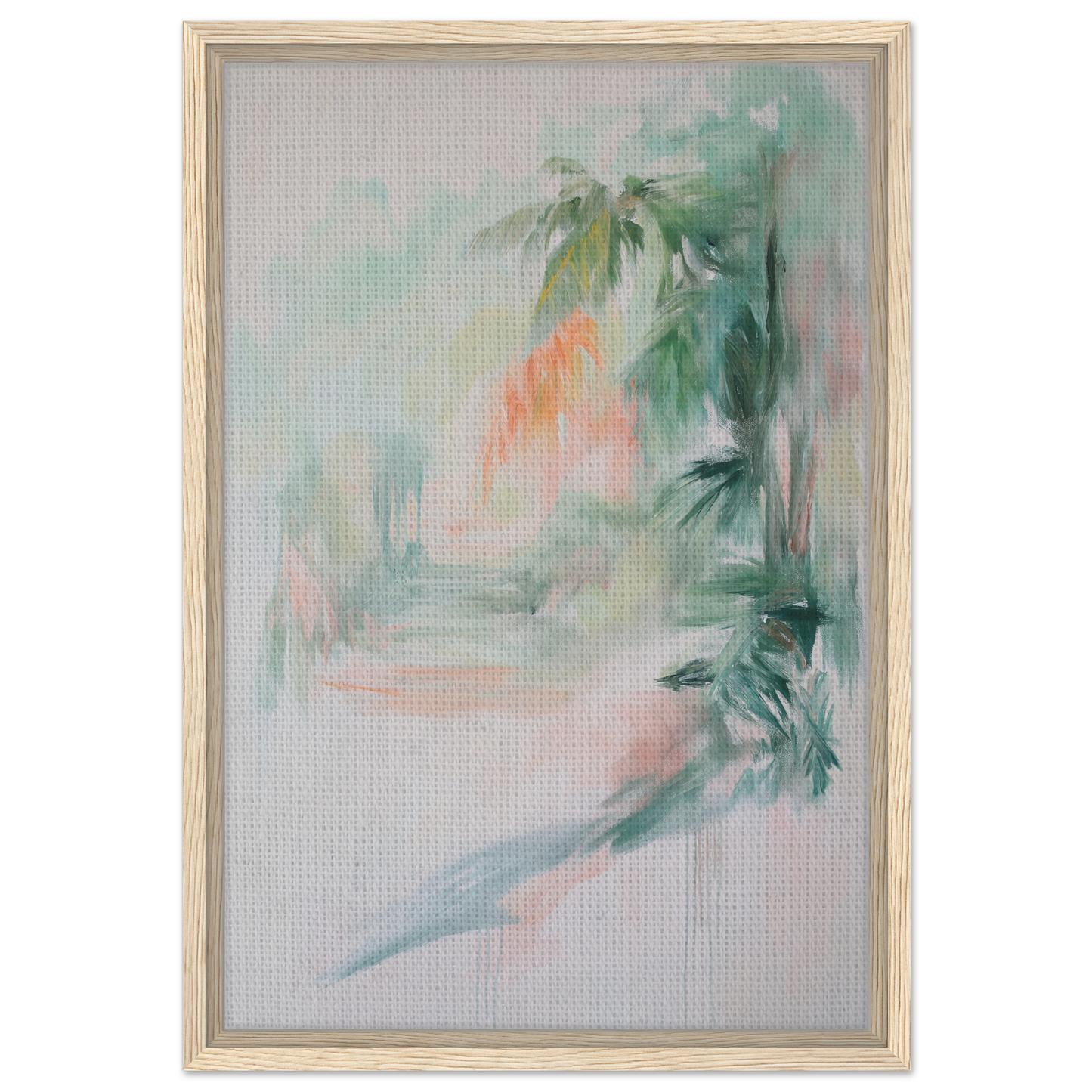 Abstract painting in soft pastels and palm leaves, showcasing Grove Whispers Dreaming