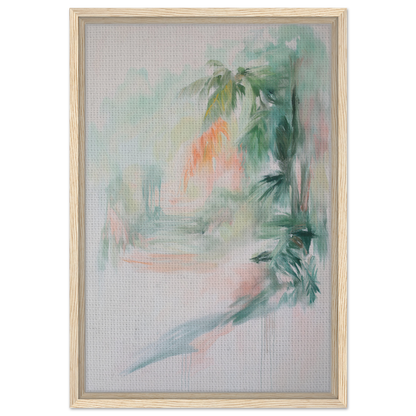 Abstract painting in soft pastels and palm leaves, showcasing Grove Whispers Dreaming