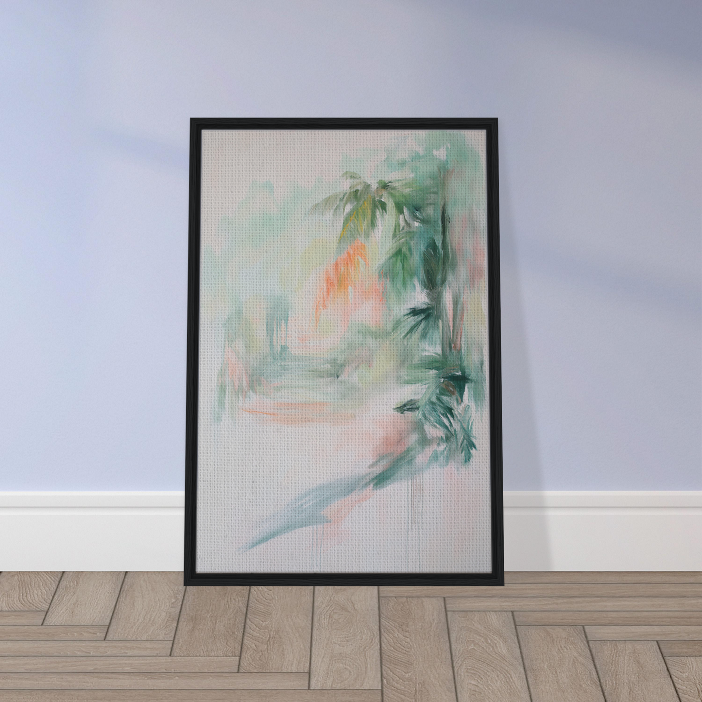 Framed canvas print of Grove Whispers Dreaming with soft pastels and palm foliage