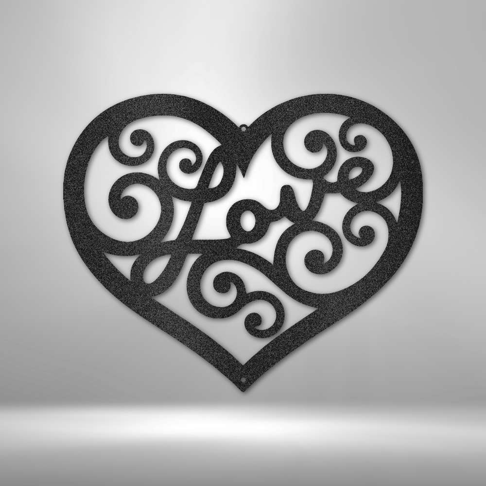 Ornate heart-shaped decoration with ’Love’ written in cursive script and swirling patterns.