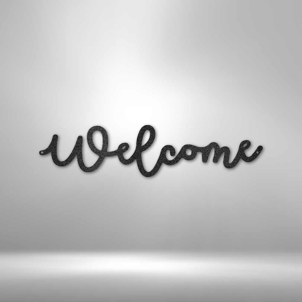 Cursive ’Welcome’ text in black against a light background.