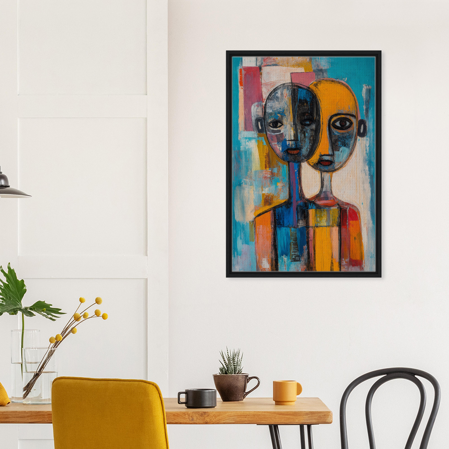 Abstract portrait painting of a stylized face in vibrant geometric shapes for Harmonious Color Elixir