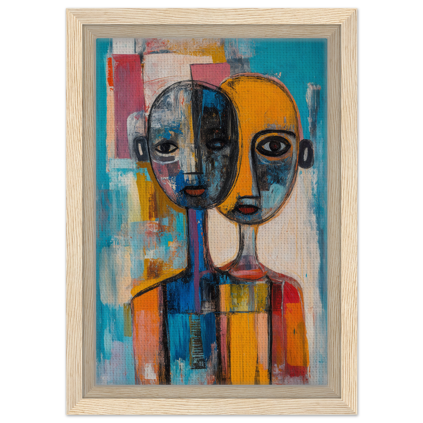 Abstract painting of merged faces in vibrant colors for Harmonious Color Elixir framed canvas print