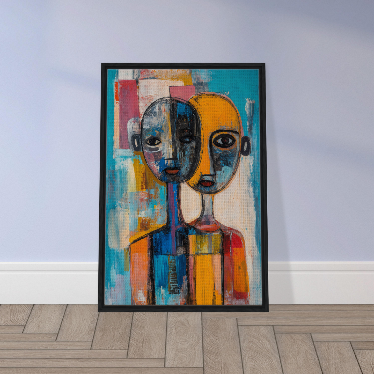 Abstract painting of two vibrant faces in black frame for Harmonious Color Elixir room decor