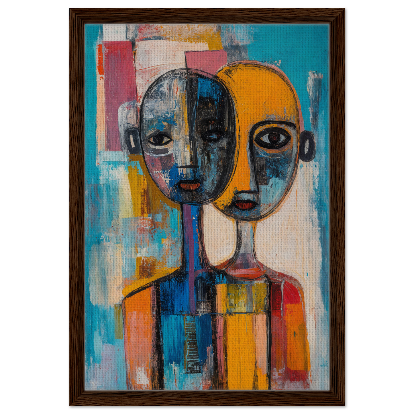 Abstract painting of merged faces in vibrant hues for Harmonious Color Elixir framed canvas print