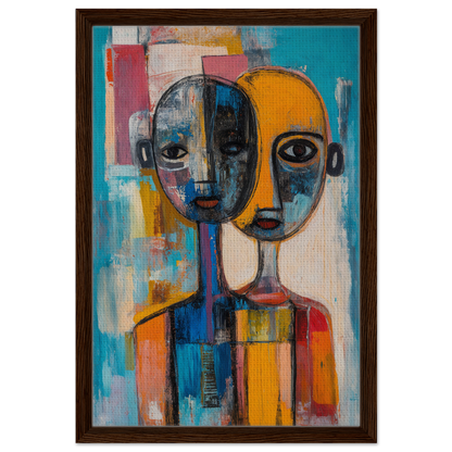 Abstract painting of merged faces in vibrant hues for Harmonious Color Elixir framed canvas print