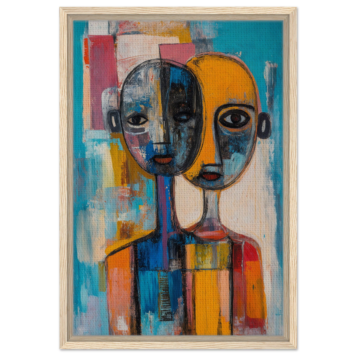 Abstract painting of merged stylized faces in bold colors for Harmonious Color Elixir room decor