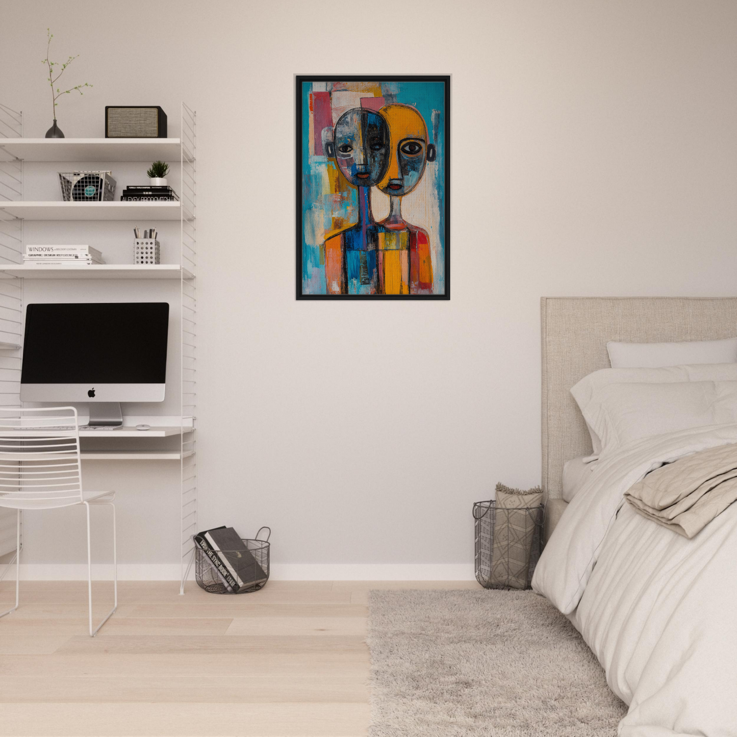 Colorful abstract portrait painting in black frame for Harmonious Color Elixir room decor