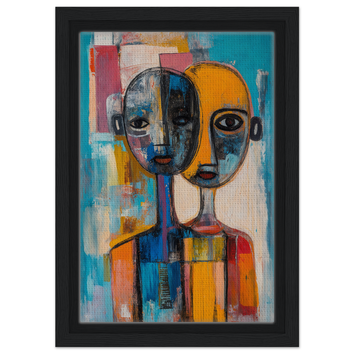 Abstract portrait painting of two faces with geometric shapes for Harmonious Color Elixir