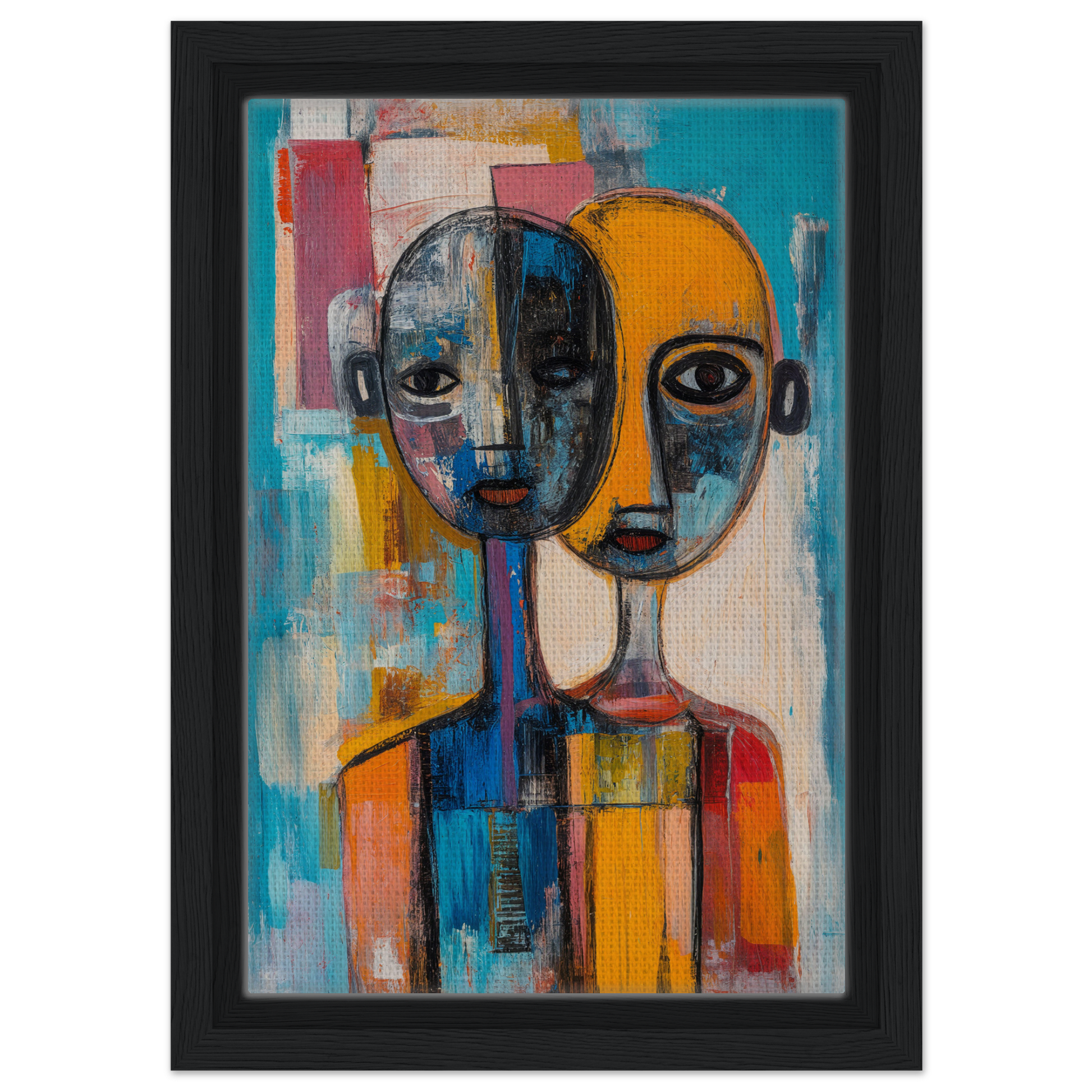 Abstract portrait painting of two faces with geometric shapes for Harmonious Color Elixir