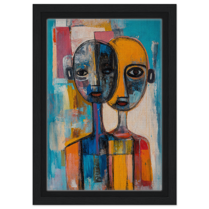 Abstract portrait painting of two faces with geometric shapes for Harmonious Color Elixir