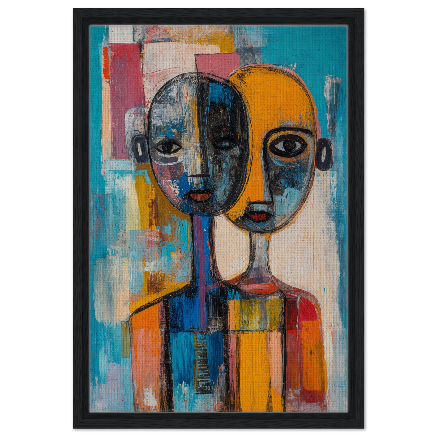 Abstract painting of two stylized faces in vibrant colors for Harmonious Color Elixir framed canvas print