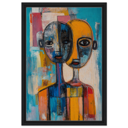 Abstract painting of two stylized faces in vibrant colors for Harmonious Color Elixir framed canvas print