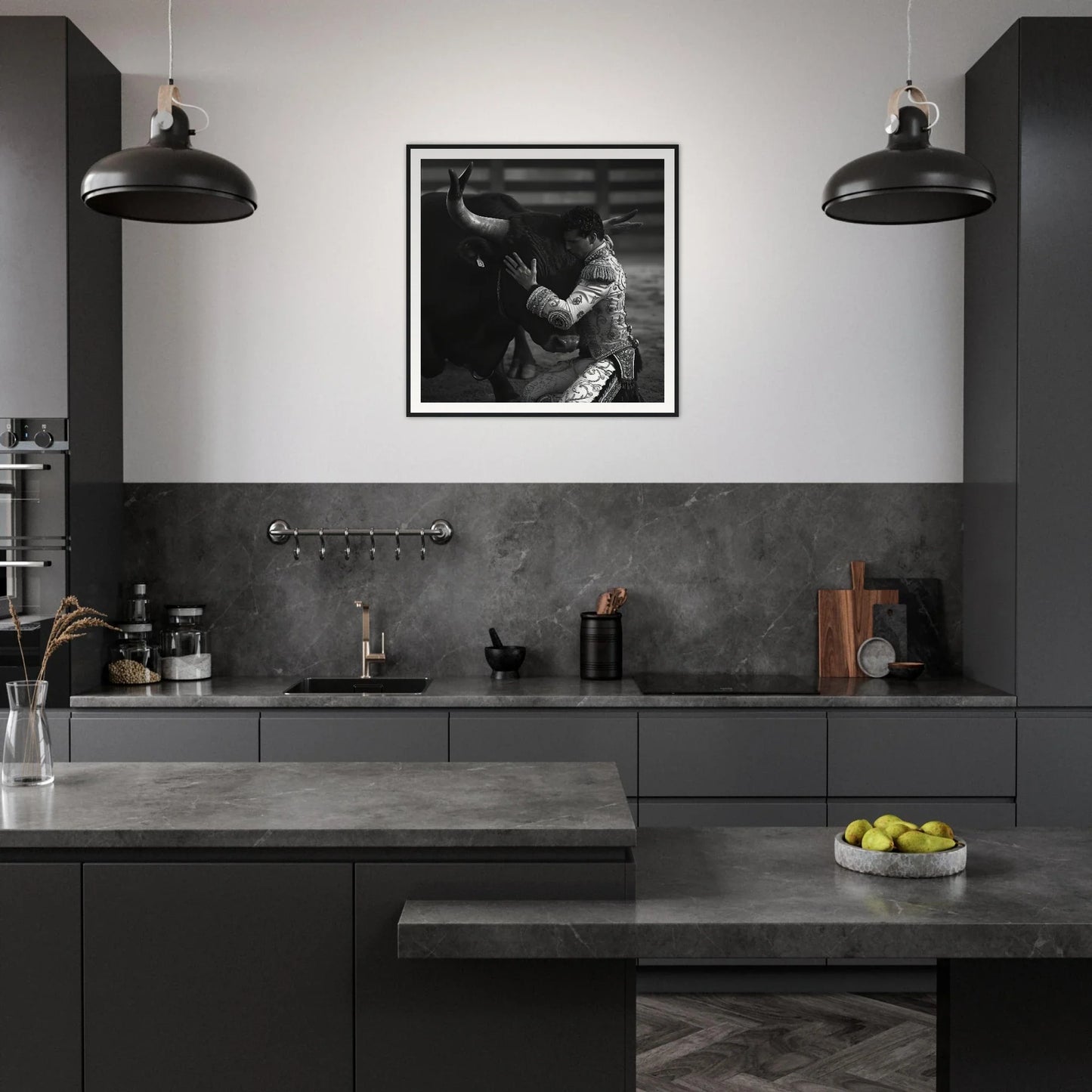 Modern dark kitchen with industrial pendants, perfect for Harmonious Grief Dance framed art