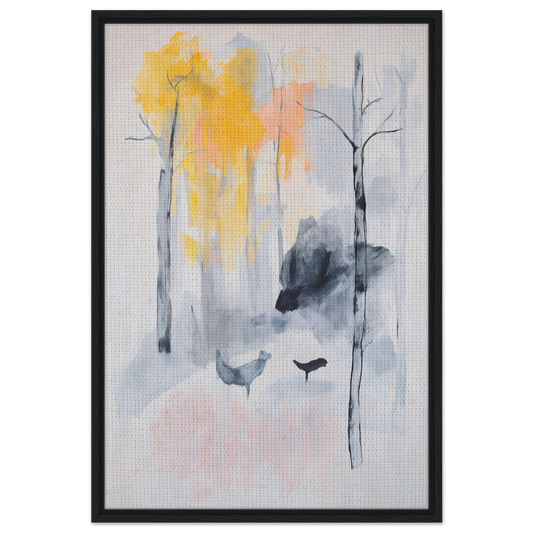 Abstract painting of trees and birds in muted tones for Harmony Whispers Union framed canvas print