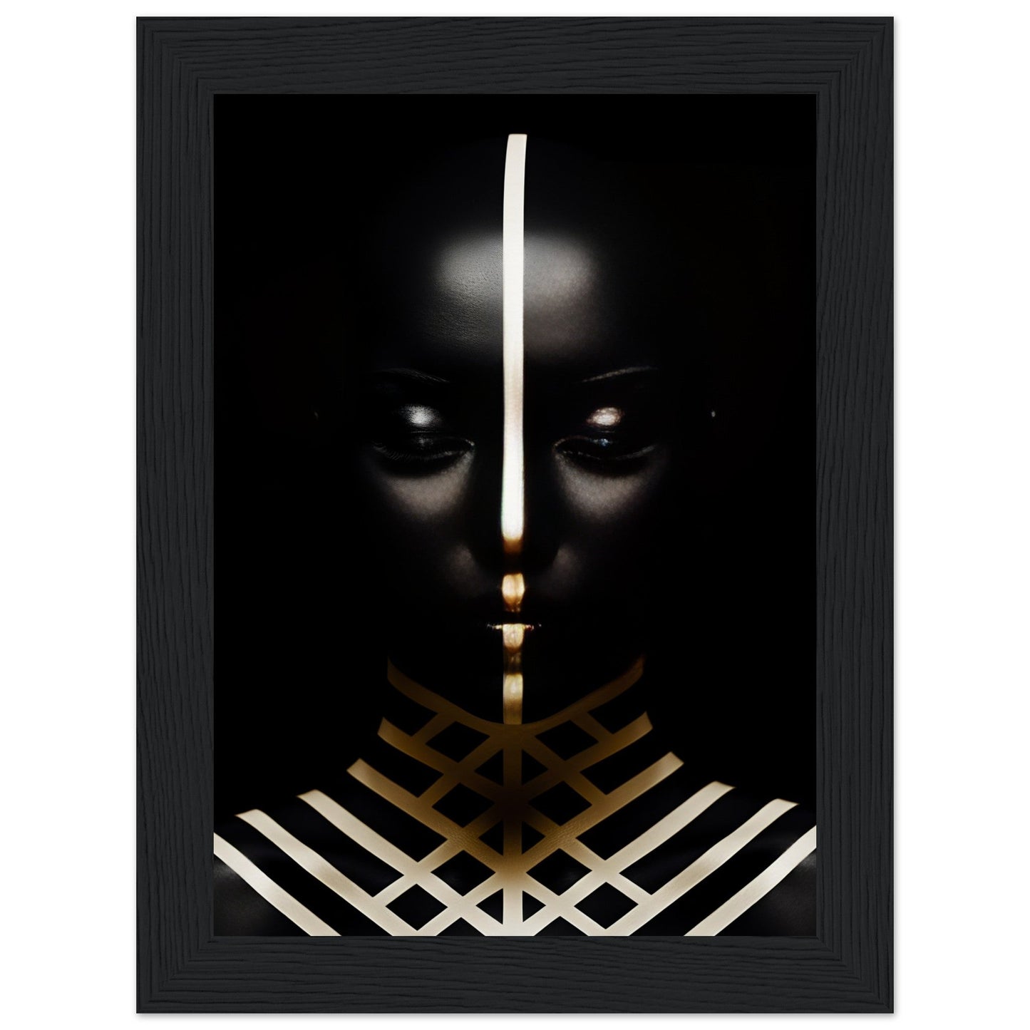 Dark silhouette with glowing eyes and geometric patterns in gold and white.