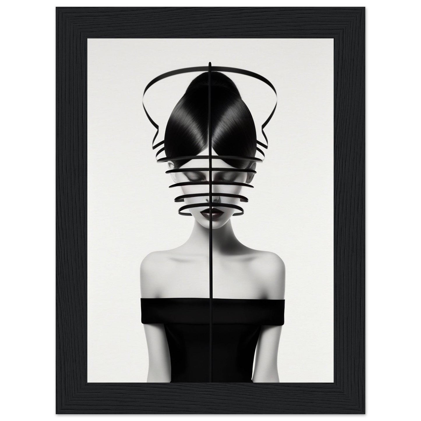 Surrealist black and white portrait featuring a figure with an abstract geometric headdress obscuring the face.