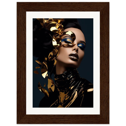 Striking portrait of a woman with gold-accented makeup and dramatic styling in a dark wooden frame.