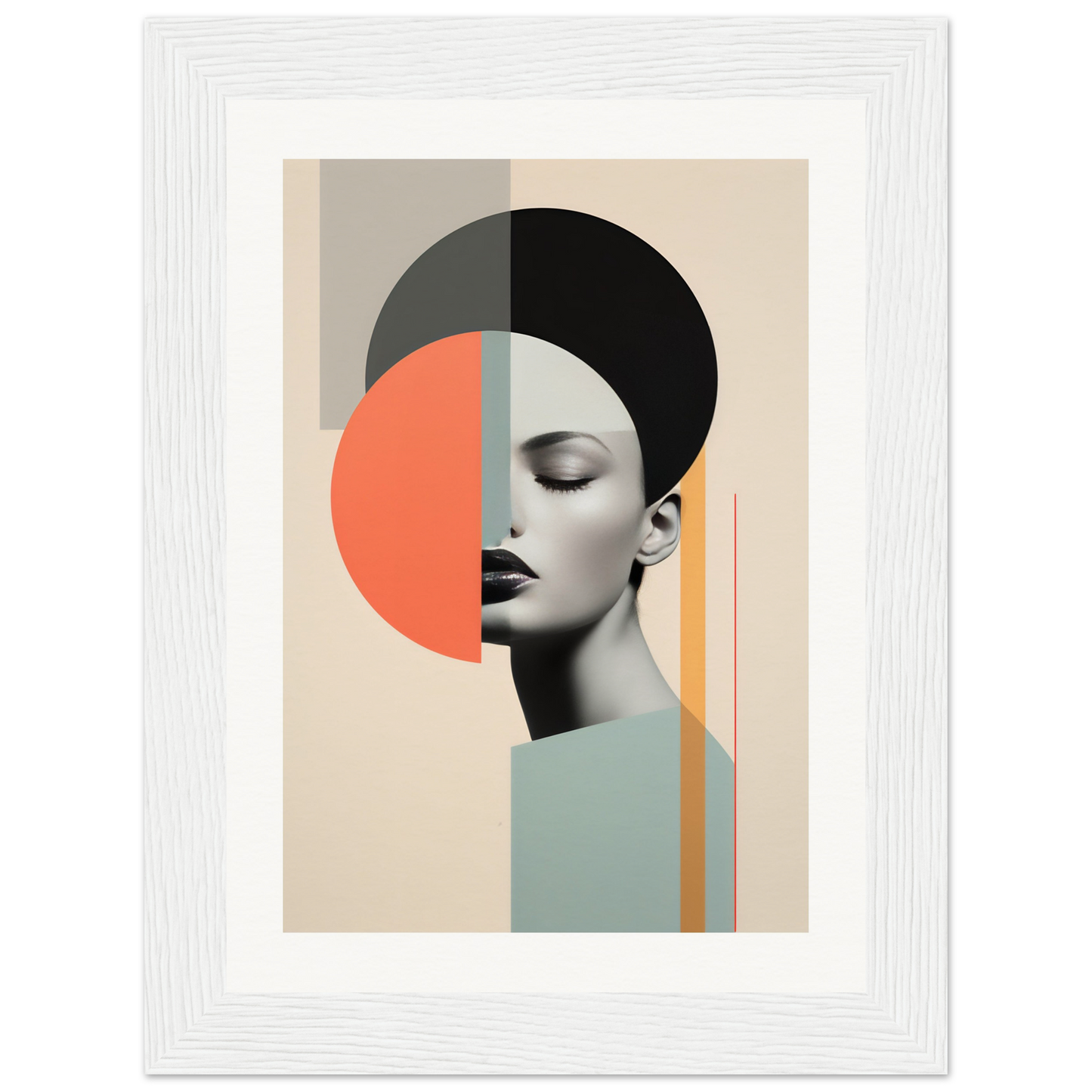 Abstract portrait combining geometric shapes and a partial profile of a face with closed eyes and bold lips.