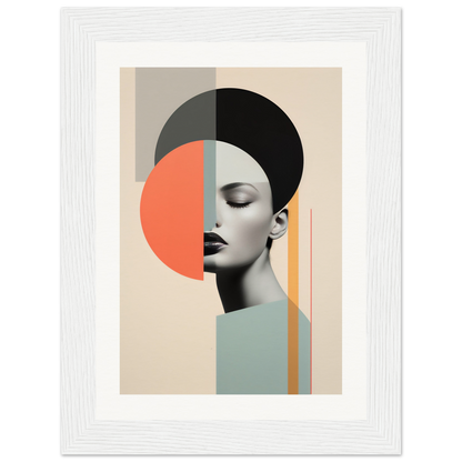 Abstract portrait combining geometric shapes and a partial profile of a face with closed eyes and bold lips.