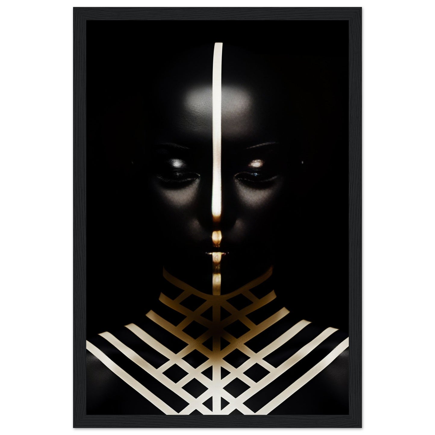 Dark silhouette with glowing eyes and geometric patterns in gold and white.